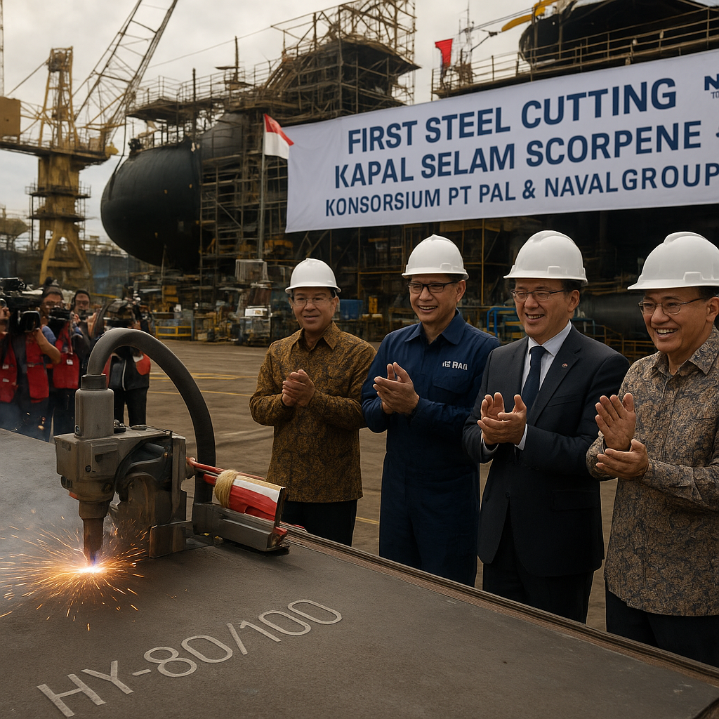 First Steel Cutting Kapal Selam Scorpène, Bukti Kemajuan Kerja Sama PT PAL dan Naval Group