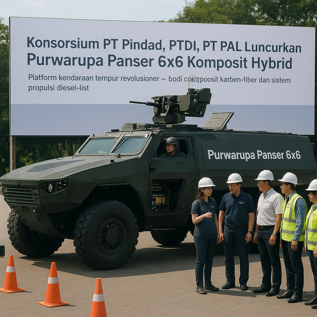 Konsorsium PT Pindad, PTDI, dan PT PAL Luncurkan Purwarupa Panser 6x6 Komposit Hybrid